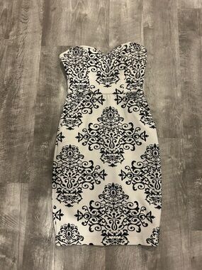 Darling Black and White Strapless Damask Sheath Dress